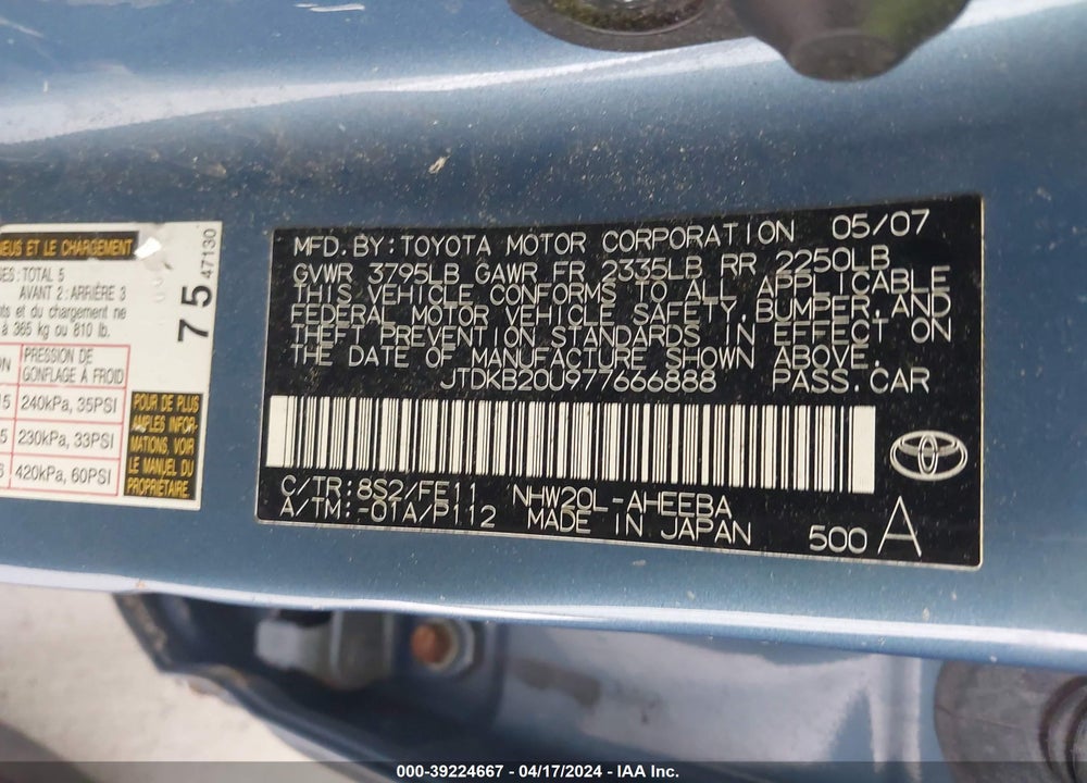2007 TOYOTA PRIUS VIN: JTDKB20U977666888