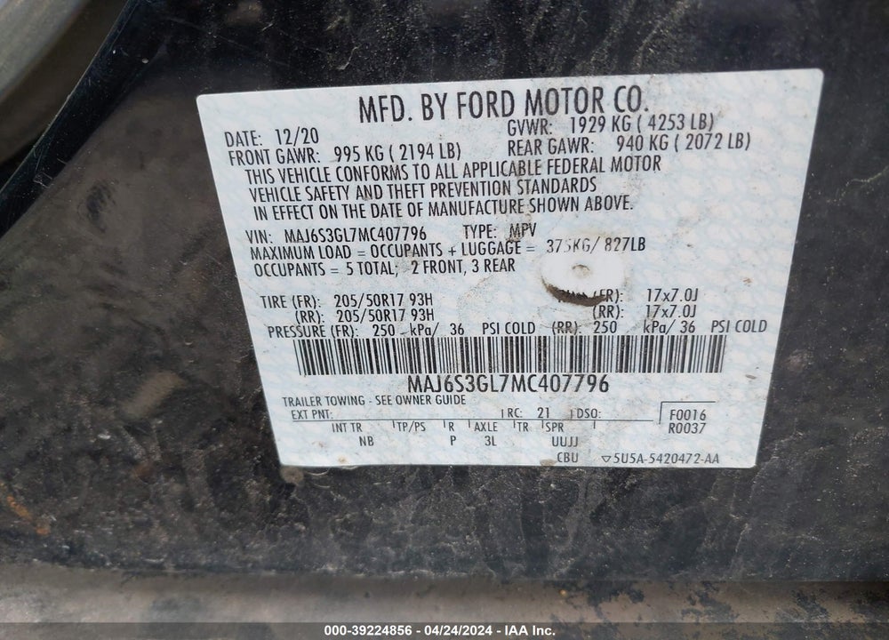 2021 FORD ECOSPORT SE VIN: MAJ6S3GL7MC407796