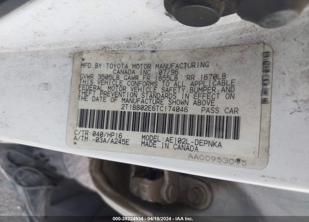 1996 TOYOTA COROLLA DX VIN: 2T1BB02E6TC174046