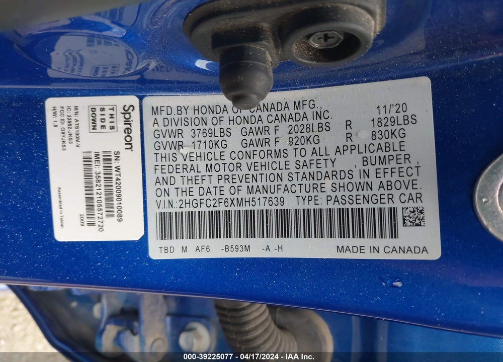 2021 HONDA CIVIC LX VIN: 2HGFC2F6XMH517639