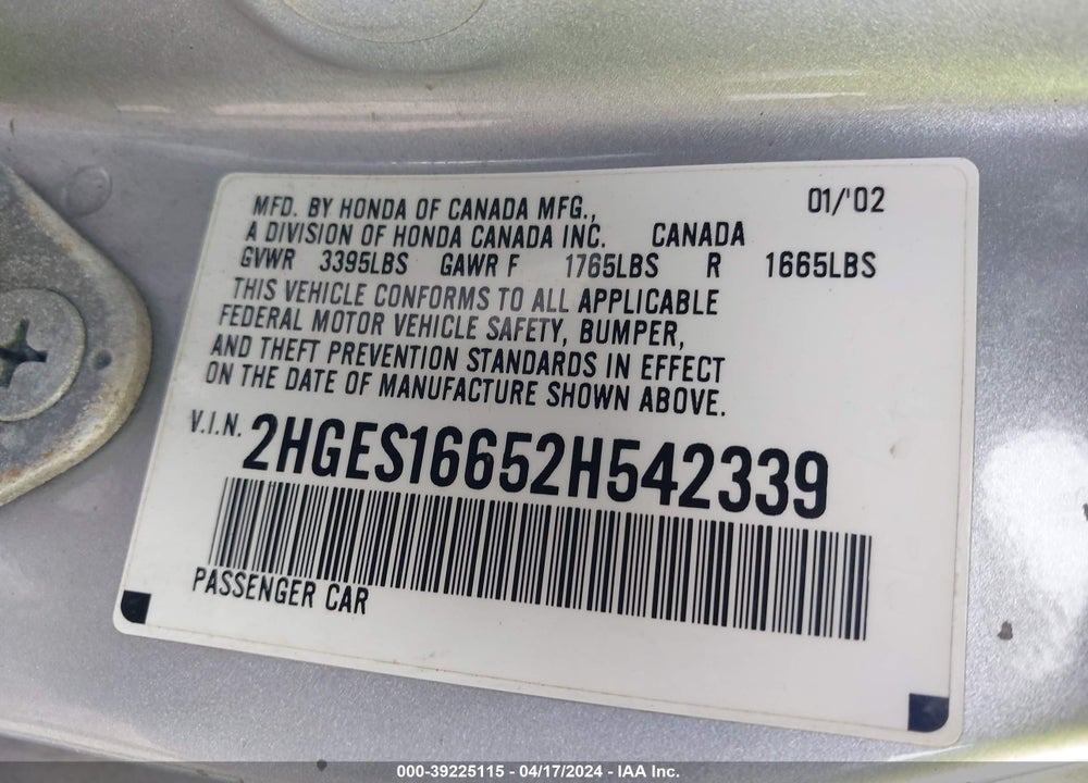 2002 HONDA CIVIC LX VIN: 2HGES16652H542339