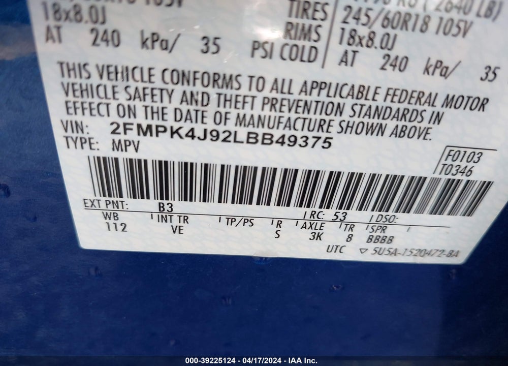 2020 FORD EDGE SEL VIN: 2FMPK4J92LBB49375