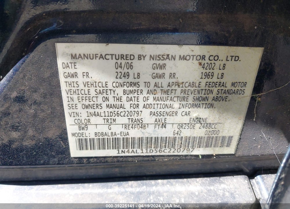 2006 NISSAN ALTIMA 2.5 S VIN: 1N4AL11D56C220797