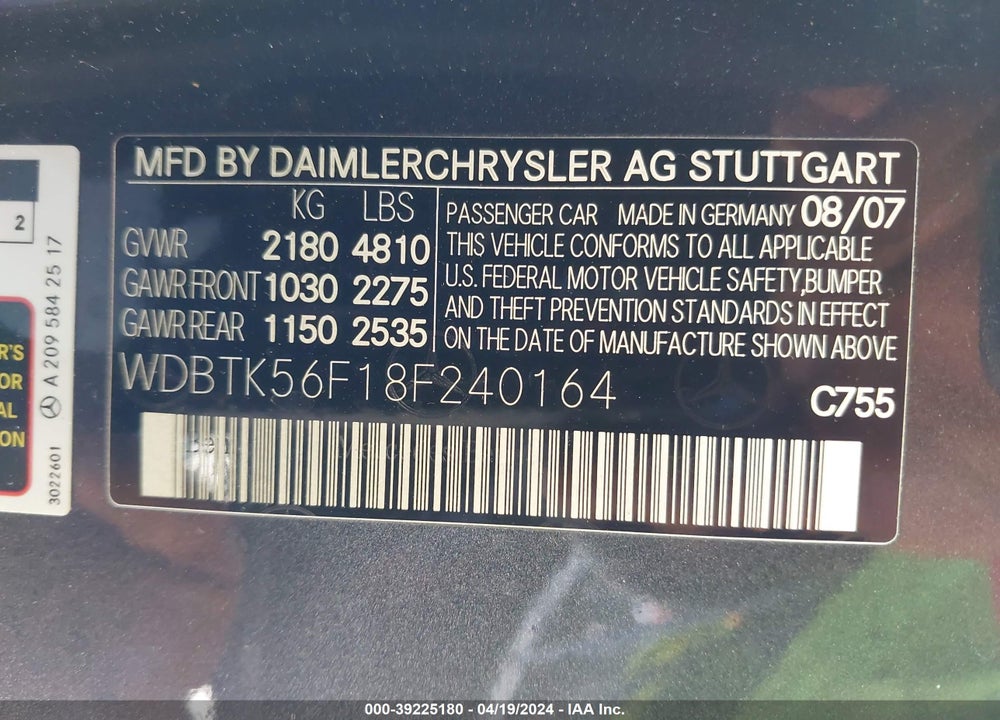 2008 MERCEDES-BENZ CLK 350 VIN: WDBTK56F18F240164