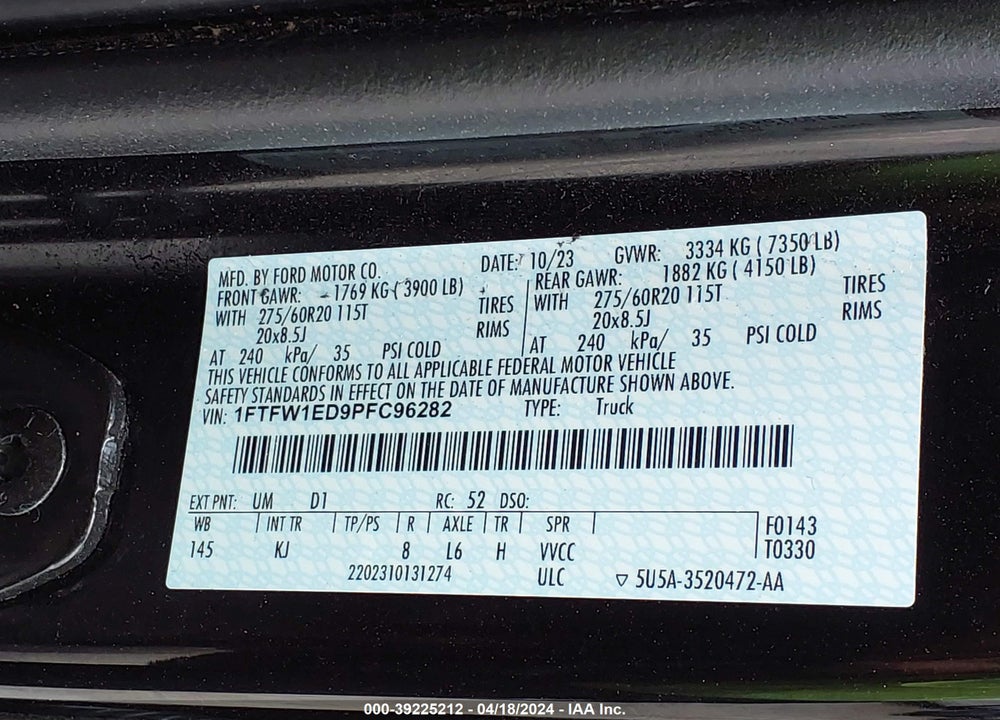 2023 FORD F-150 KING RANCH VIN: 1FTFW1ED9PFC96282