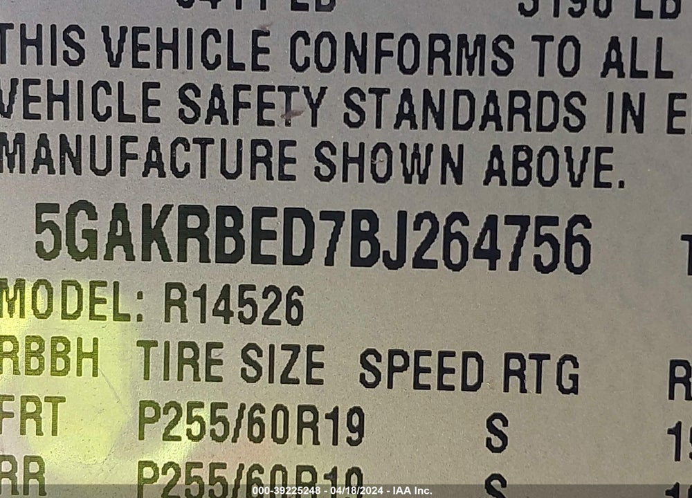 2011 BUICK ENCLAVE 1XL VIN: 5GAKRBED7BJ264756