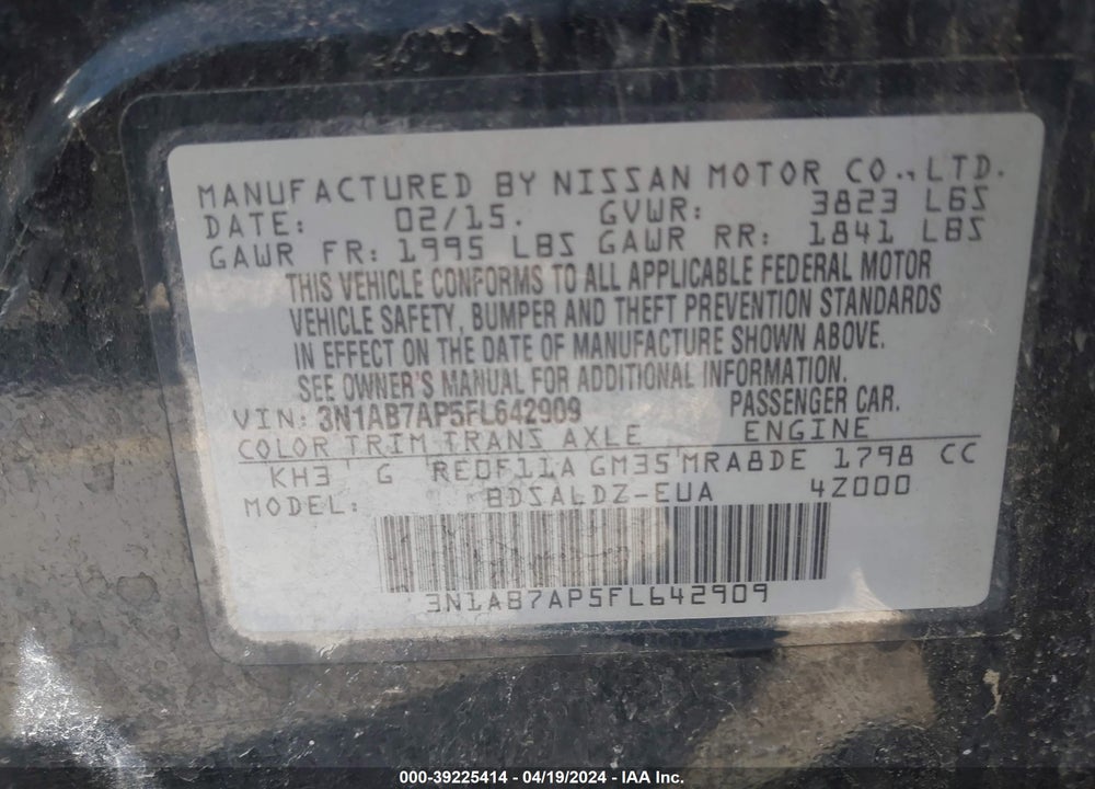 2015 NISSAN SENTRA FE+ S/S/SL/SR/SV VIN: 3N1AB7AP5FL642909
