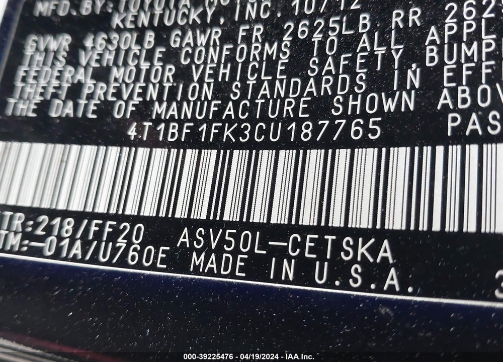 2012 TOYOTA CAMRY SE LIMITED EDITION VIN: 4T1BF1FK3CU187765
