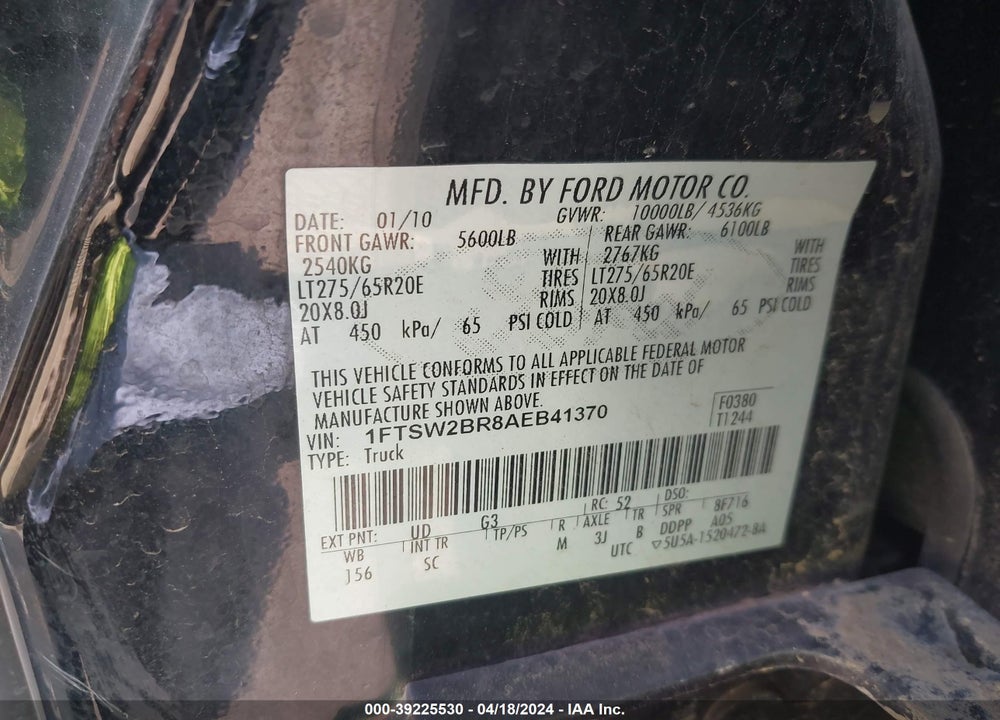 2010 FORD F-250 VIN: 1FTSW2BR8AEB41370