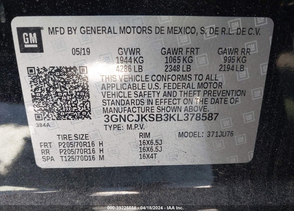 2019 CHEVROLET TRAX LS VIN: 3GNCJKSB3KL378587
