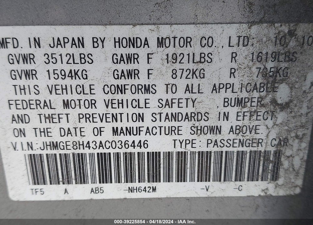 2010 HONDA FIT SPORT VIN: JHMGE8H43AC036446