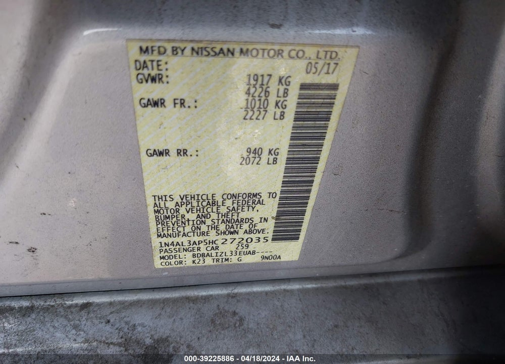 2017 NISSAN ALTIMA 2.5 SV VIN: 1N4AL3AP5HC272035