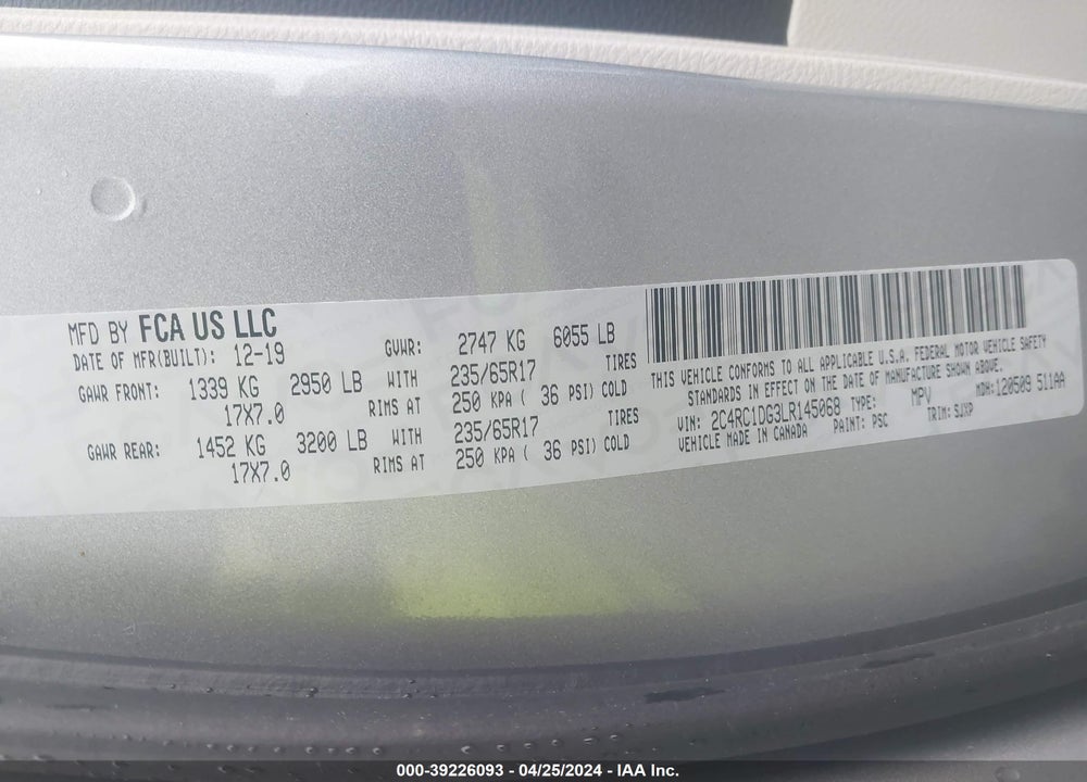 2020 CHRYSLER VOYAGER VIN: 2C4RC1DG3LR145068
