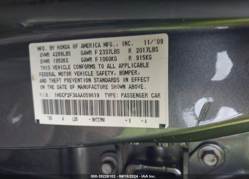 2010 HONDA ACCORD 2.4 LX VIN: 1HGCP2F34AA059619