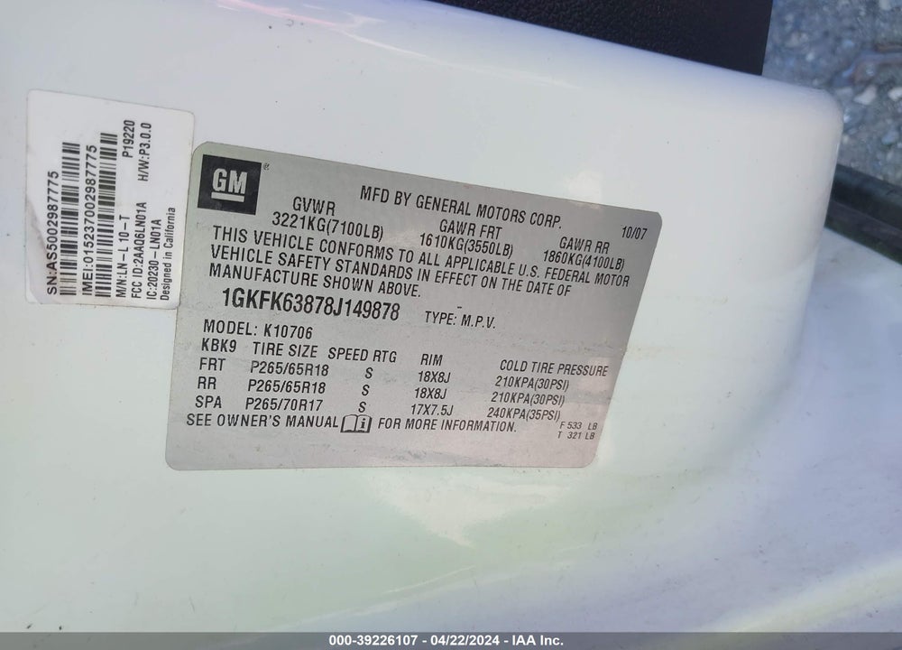 2008 GMC YUKON DENALI VIN: 1GKFK63878J149878