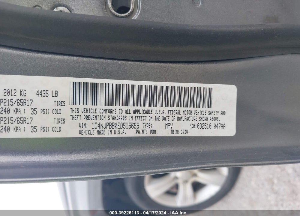 2014 JEEP PATRIOT SPORT VIN: 1C4NJPBB0ED515655