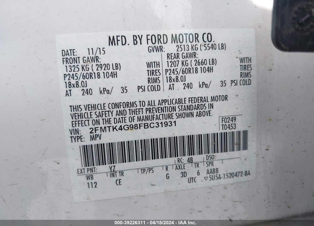 2015 FORD EDGE SE VIN: 2FMTK4G98FBC31931