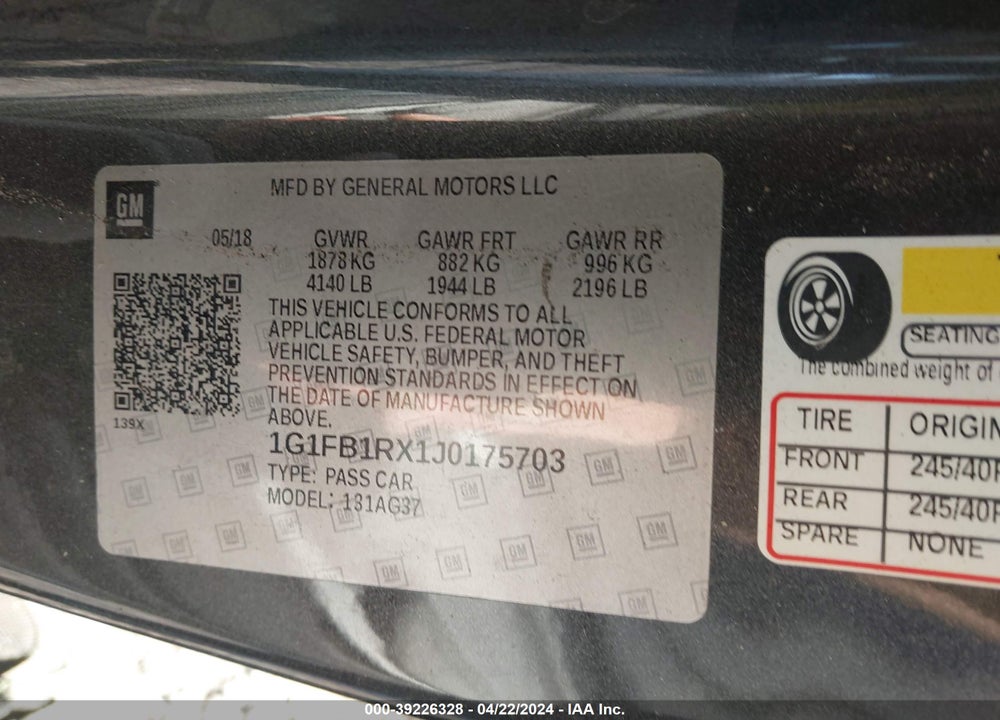 2018 CHEVROLET CAMARO 1LT VIN: 1G1FB1RX1J0175703