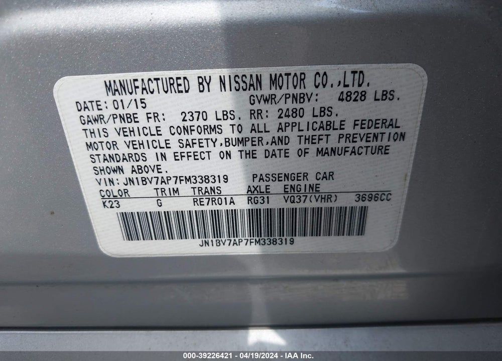 2015 INFINITI Q50 PREMIUM VIN: JN1BV7AP7FM338319