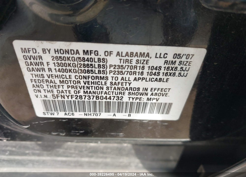 2007 HONDA PILOT EX-L VIN: 5FNYF28737B044732