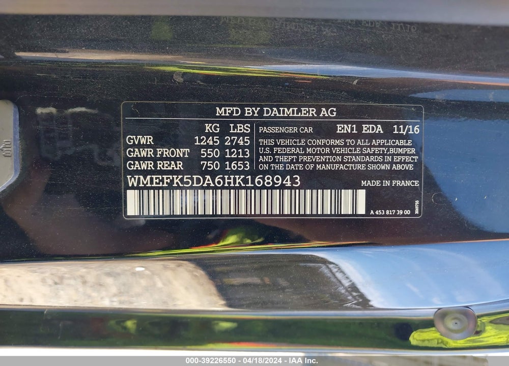2017 SMART FORTWO PASSION/PRIME/PROXY VIN: WMEFK5DA6HK168943