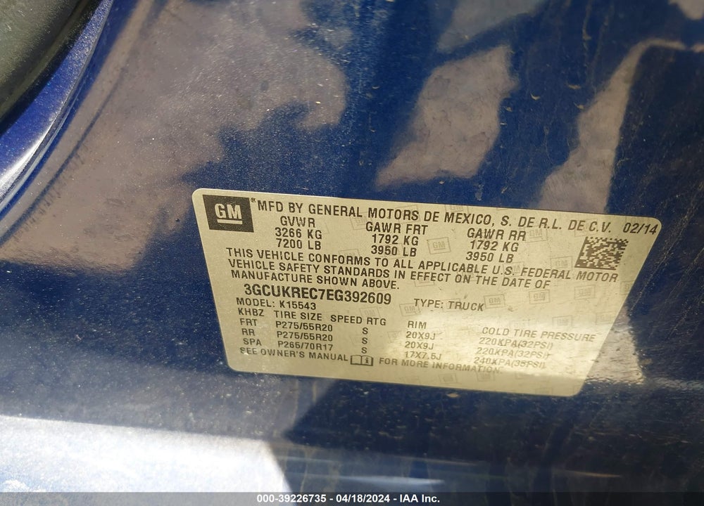 2014 CHEVROLET SILVERADO 1500 1LT VIN: 3GCUKREC7EG392609