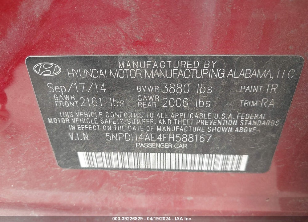 2015 HYUNDAI ELANTRA SE VIN: 5NPDH4AE4FH588167