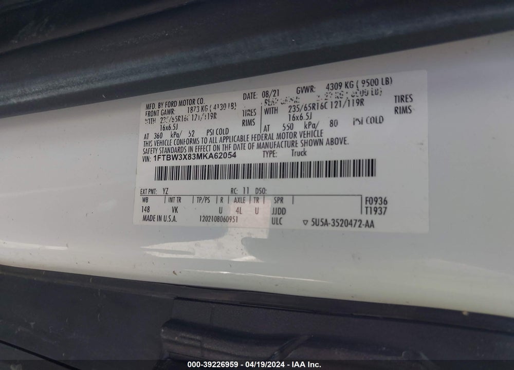 2021 FORD TRANSIT-350 CARGO VAN VIN: 1FTBW3X83MKA62054