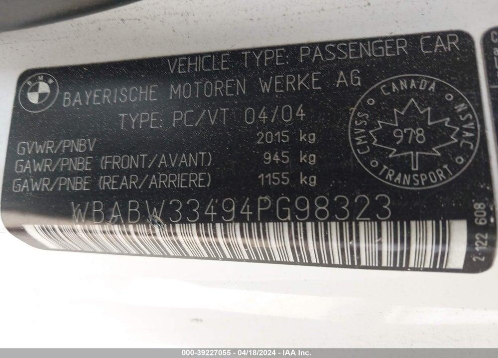 2004 BMW 325CI VIN: WBABW33494PG98323