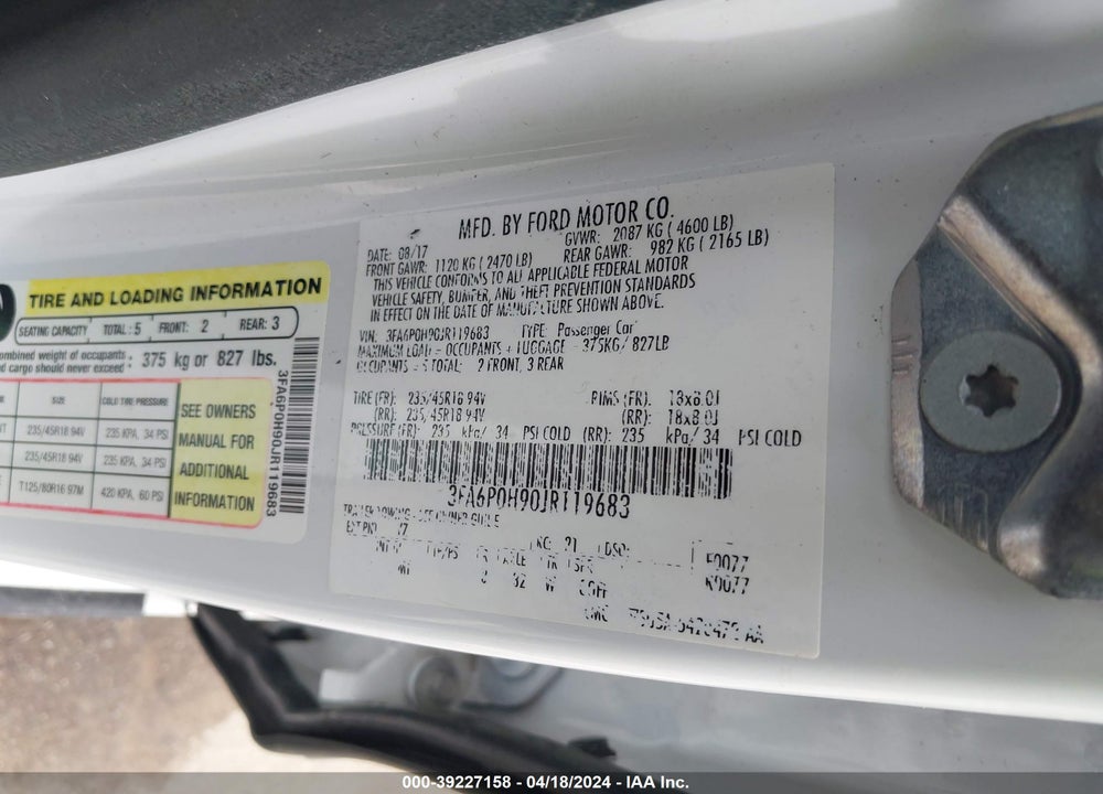 2018 FORD FUSION SE VIN: 3FA6P0H90JR119683