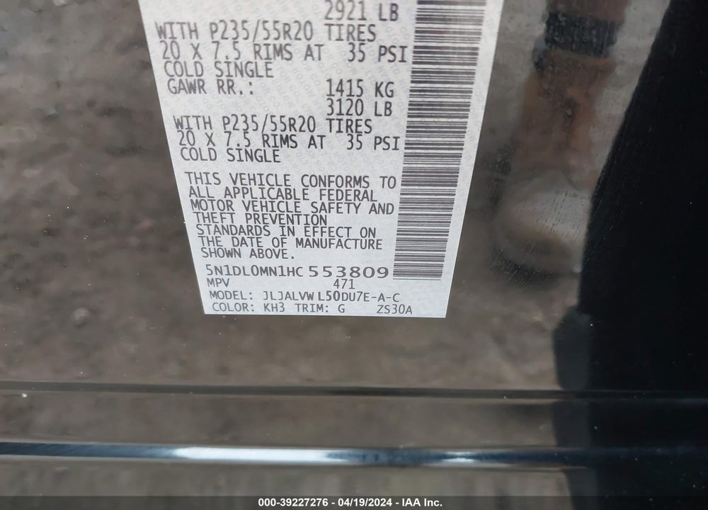 2017 INFINITI QX60 VIN: 5N1DL0MN1HC553809
