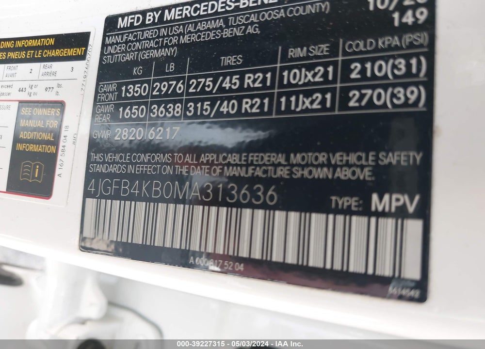 2021 MERCEDES-BENZ GLE 350 4MATIC VIN: 4JGFB4KB0MA313636