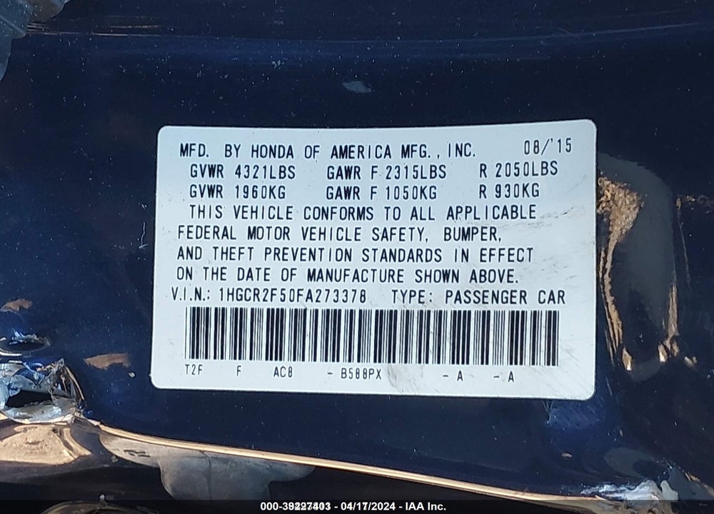 2015 HONDA ACCORD VIN: 1HGCR2F50FA273378