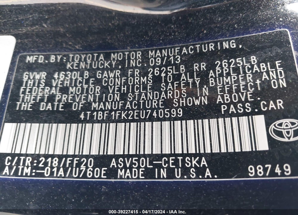 2014 TOYOTA CAMRY SE VIN: 4T1BF1FK2EU740599