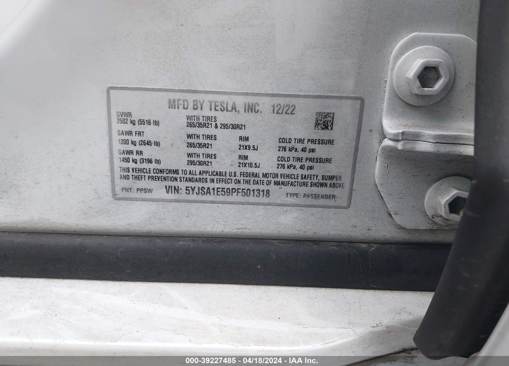 2023 TESLA MODEL S VIN: 5YJSA1E59PF501318