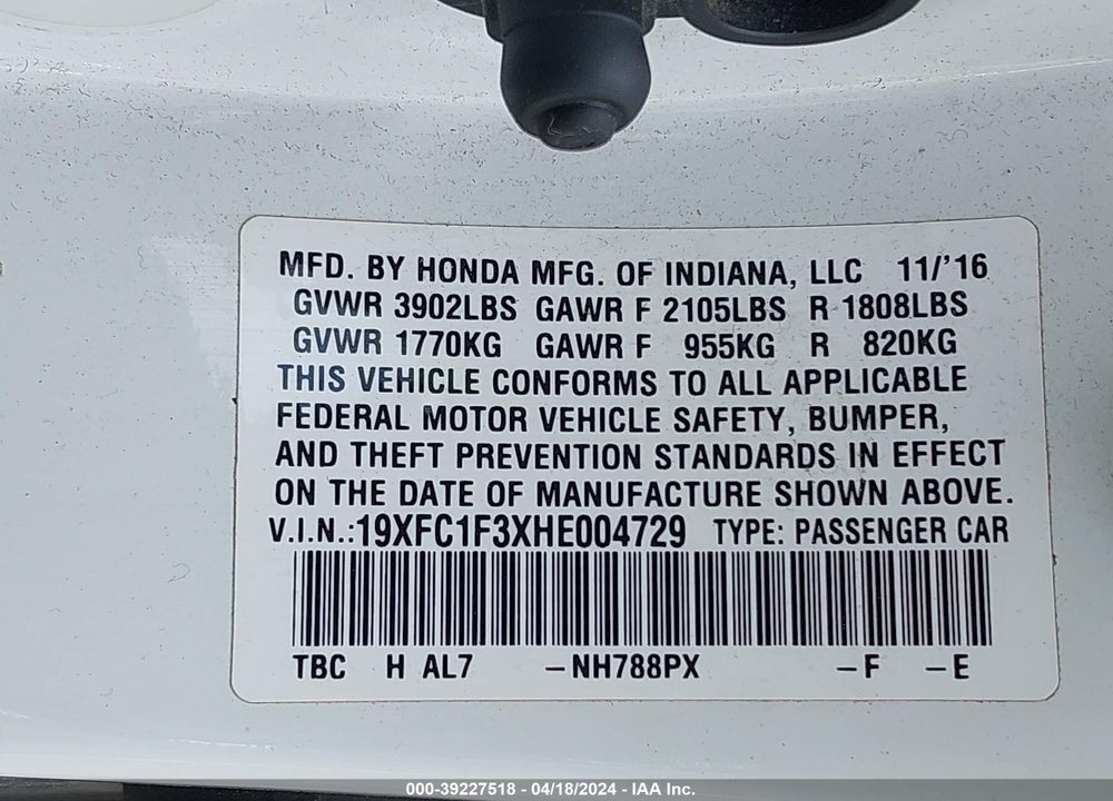 2017 HONDA CIVIC EX-T VIN: 19XFC1F3XHE004729