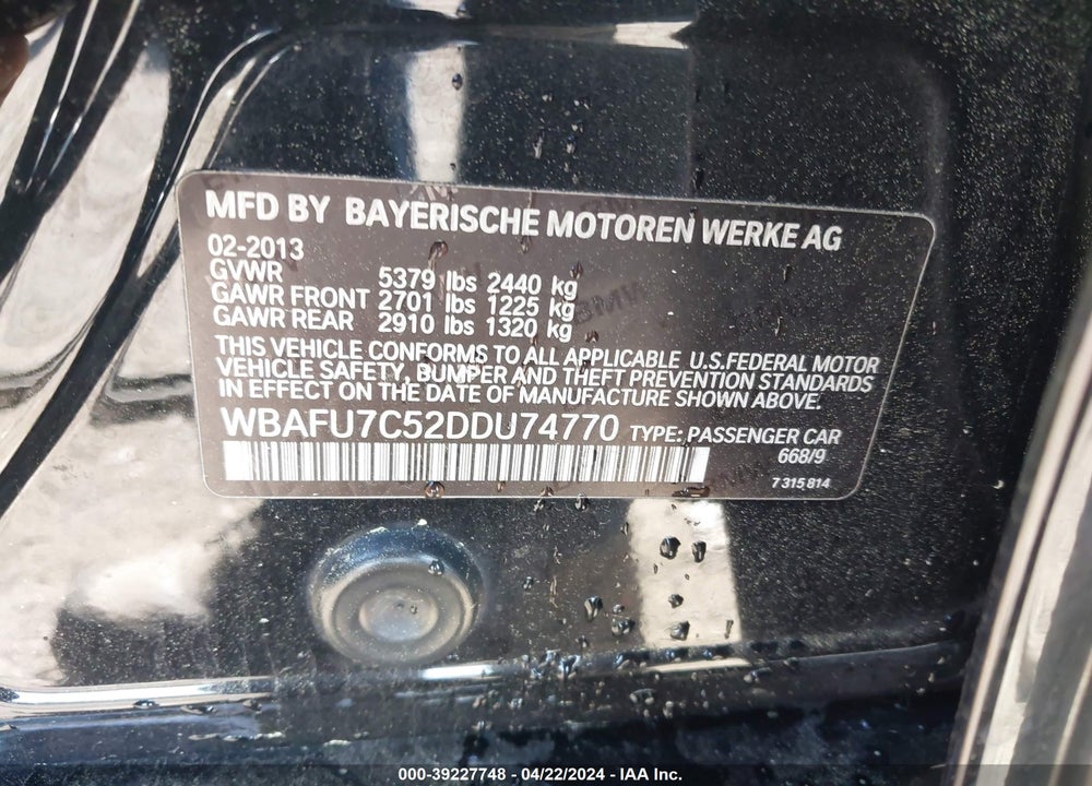 2013 BMW 535I XDRIVE VIN: WBAFU7C52DDU74770