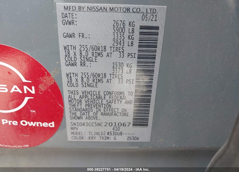 2022 NISSAN PATHFINDER SL 4WD VIN: 5N1DR3CC5NC201067