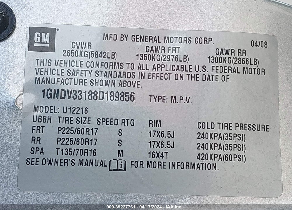 2008 CHEVROLET UPLANDER LT VIN: 1GNDV33188D189856