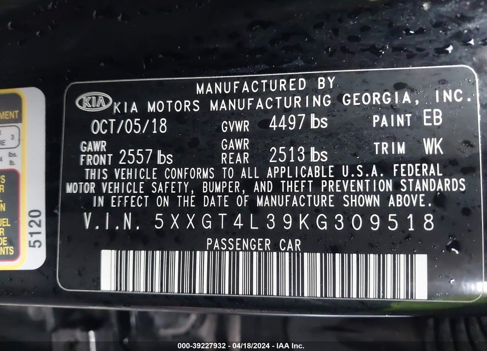 2019 KIA OPTIMA LX VIN: 5XXGT4L39KG309518