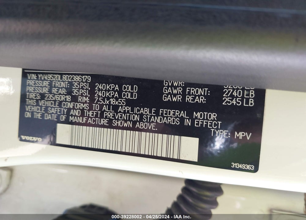 2013 VOLVO XC60 3.2/3.2 PLATINUM/3.2 PREMIER/3.2 PREMIER PLUS VIN: YV4952DL8D2386179