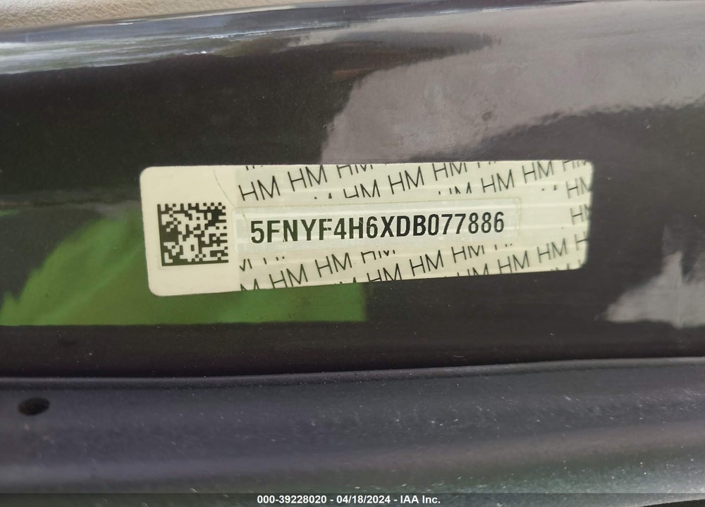 2013 HONDA PILOT EX-L VIN: 5FNYF4H6XDB077886