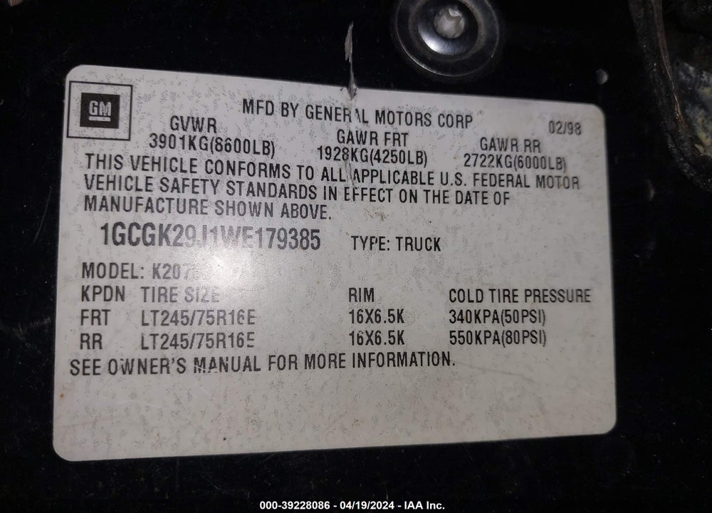 1998 CHEVROLET K2500 FLEETSIDE VIN: 1GCGK29J1WE179385