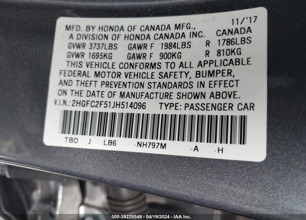 2018 HONDA CIVIC LX VIN: 2HGFC2F51JH514096