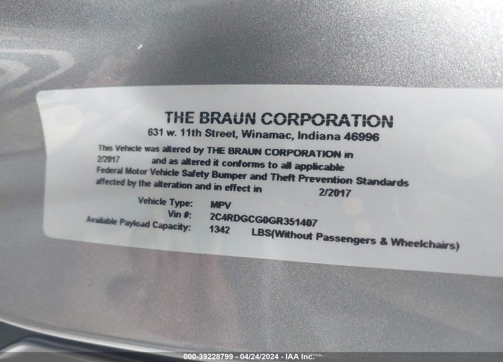 2016 DODGE GRAND CARAVAN SXT VIN: 2C4RDGCG0GR351407