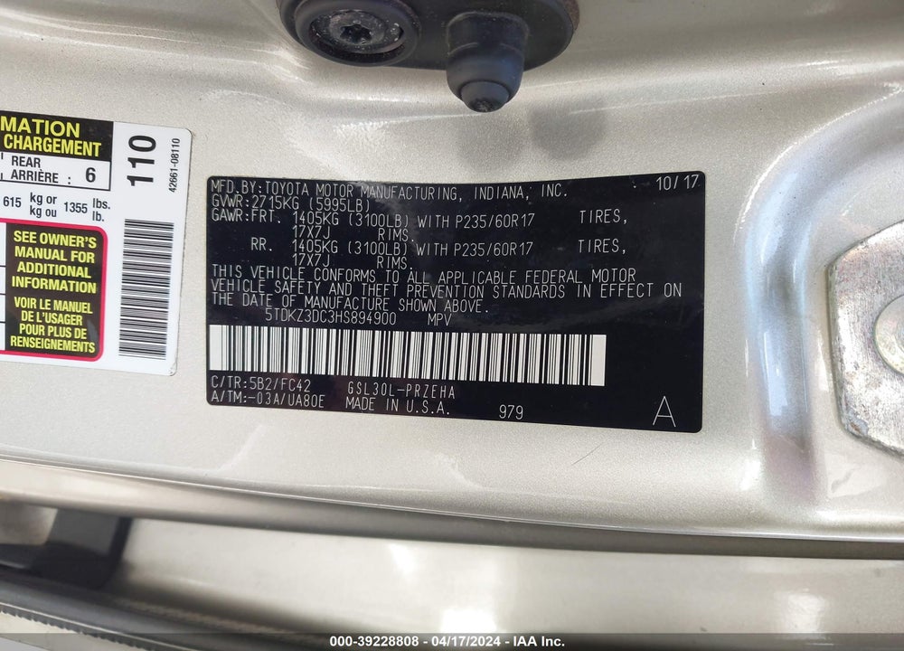 2017 TOYOTA SIENNA LE 7 PASSENGER VIN: 5TDKZ3DC3HS894900