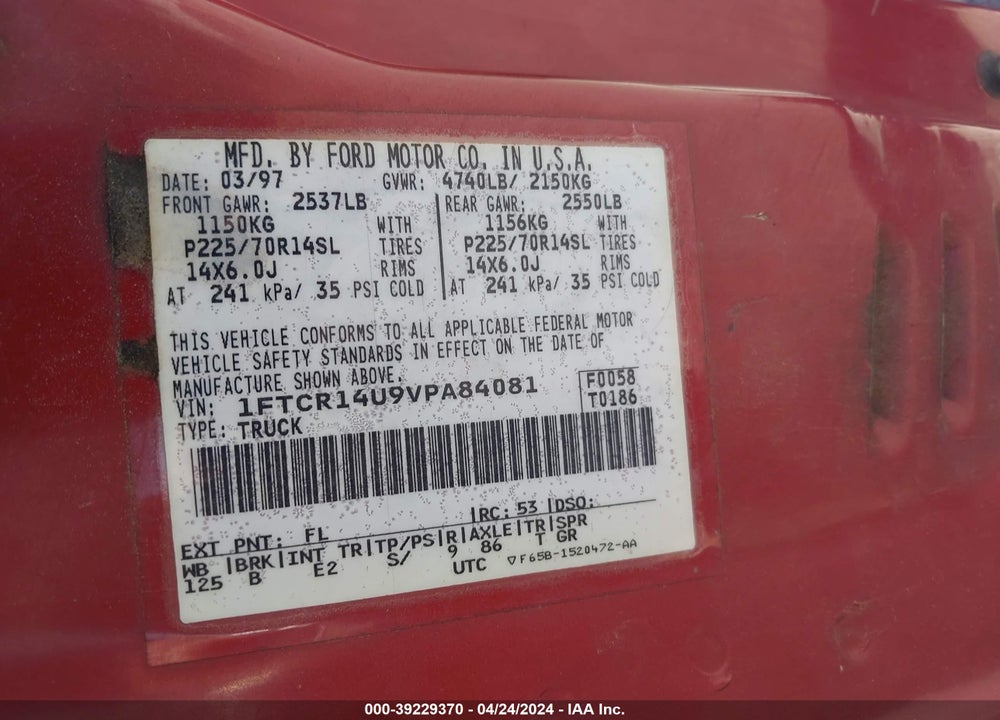 1997 FORD RANGER SPLASH/XL/XLT VIN: 1FTCR14U9VPA84081