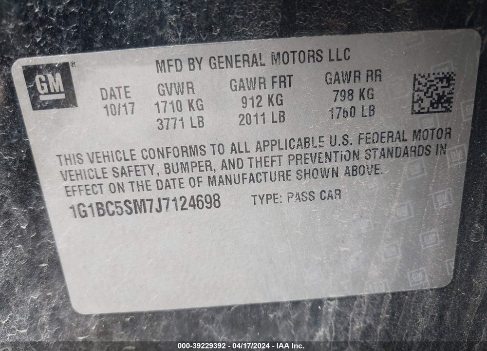 2018 CHEVROLET CRUZE VIN: 1G1BC5SM7J7124698