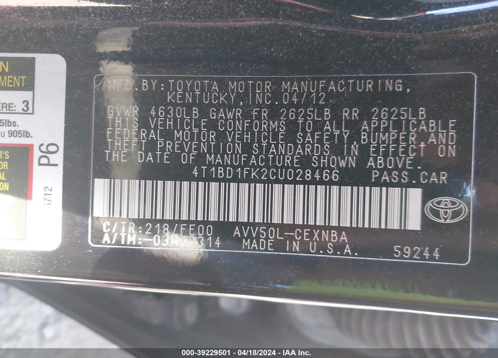 2012 TOYOTA CAMRY HYBRID LE VIN: 4T1BD1FK2CU028466