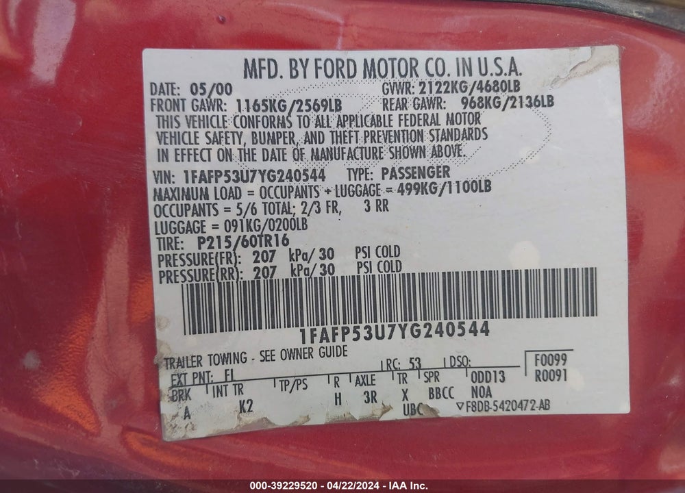 2000 FORD TAURUS SE VIN: 1FAFP53U7YG240544